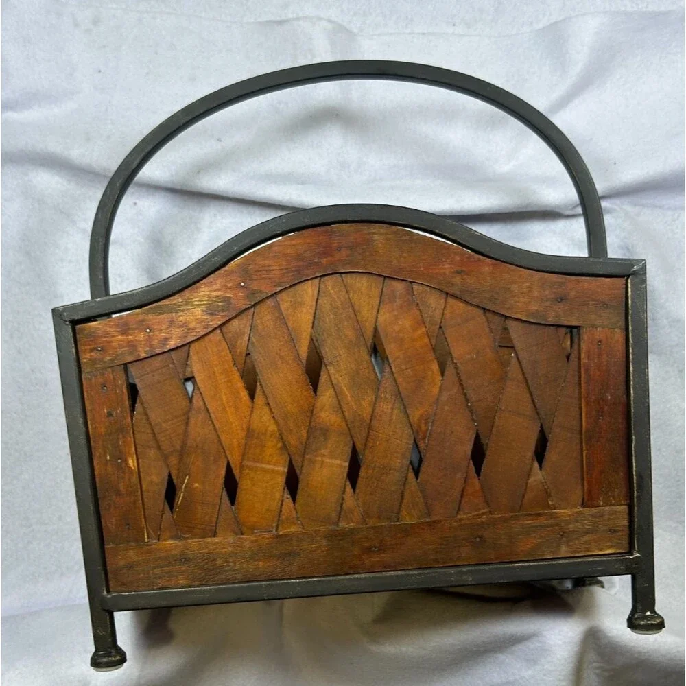 Rustic Wood & Metal Magazine Rack Holder Basket Woven Slat Farmhouse Organizer